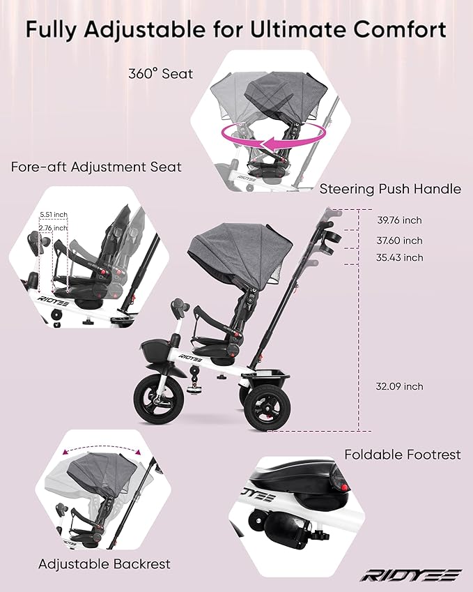 7-in-1 Tricycle for 18 Months to 5 Years, All-Terrain Rubber Tires, Dual Wheel Brakes, Rotatable Seat for Toddlers 1.5-3, Tricycle for 3-5 Years with DIY Stickers, White