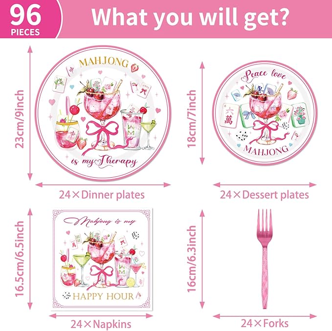 96Pcs Mahjong Party Decorations Tableware Set Mahjong Cocktail Paper Plates Napkins Forks Casual Gatherings Chinese Game Nights Bridal Showers Birthday Theme Party Supplies Serve 24 Guests