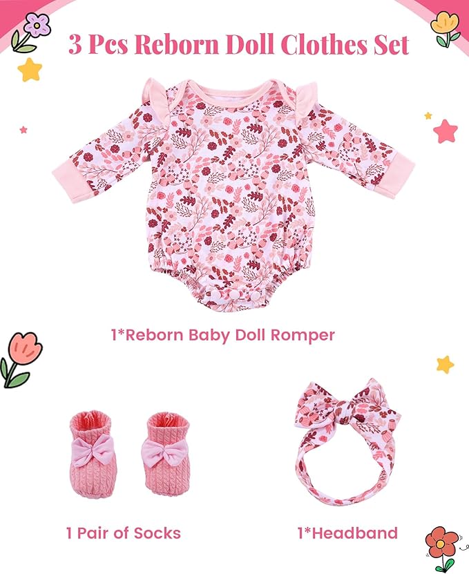 BABESIDE 3PCS Reborn Baby Doll Clothes for 17-22 Inch Dolls, Baby Doll Outfit Accessories with Floral Pattern fit Reborn Baby Dolls Girl Boy, Pink