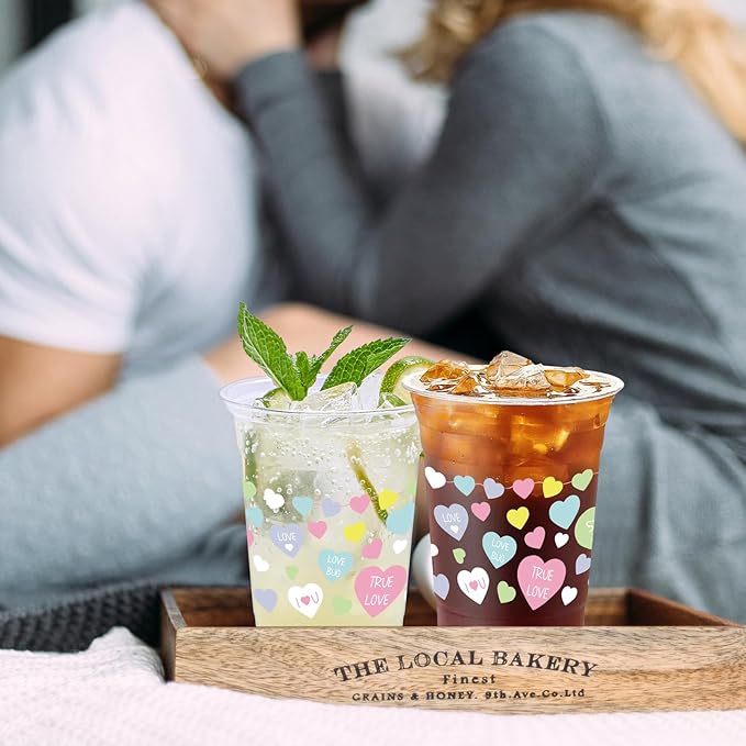 100 Pcs Color Heart Theme Plastic Cups,12oz Valentine's Party Drinking Cup Romantic Heart Valentines Disposable Clear Cups for Anniversary Wedding Valentine's Party