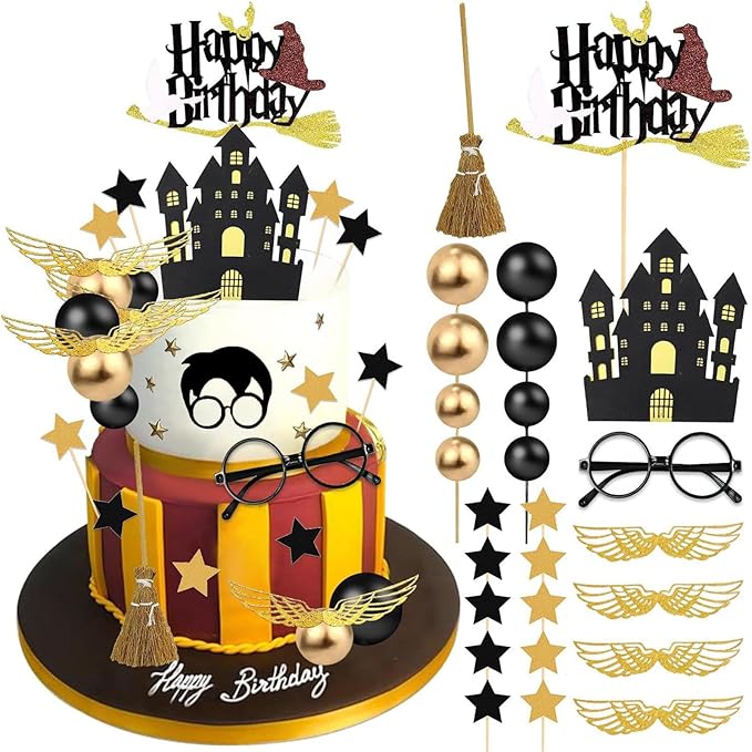 26 PCS Wizard Birthday Cake Topper Decorations, Wizard Party Supplies, Glitter Themed Cupcake Decorations