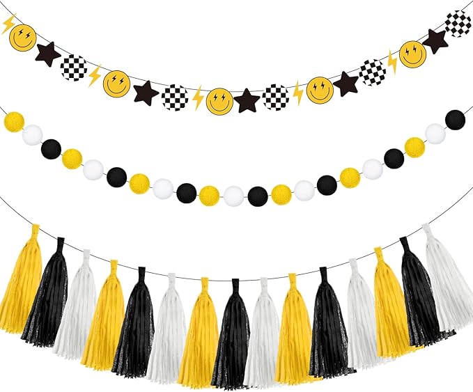 53 Pcs One Happy Dude Birthday Decorations 1st Birthday Paper Tassel Banners Lightning Smile Face Garland Decoration Two Cool High Chair Banner for One Happy Dude Party Favors Supplies