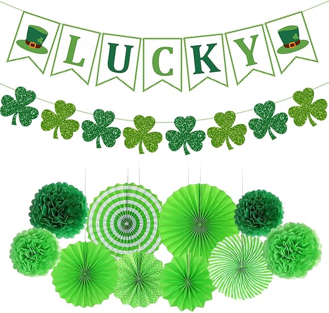 St. Patrick's Day Decorations, St Patty's Saint Decor Accessories for Irish Party Supplies, Including Paper Fan, Glitter Lucky Banner, Shamrock Garlands Clover, Green