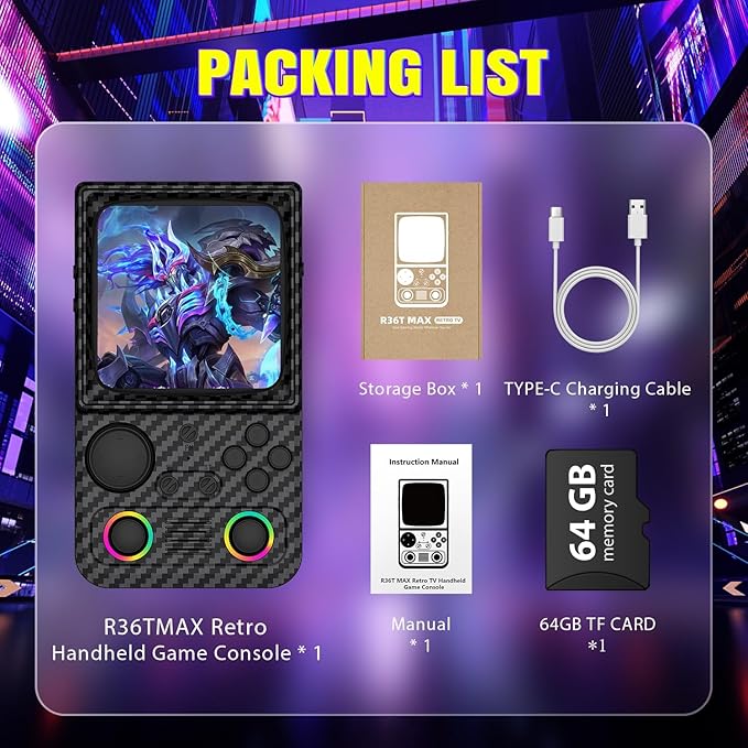 R36TMAX Retro Gaming Console, 4.0'' IPS Screen, Retro Handheld Game Console with 18000+ Classic Games Supports WiFi Networked Fighting and OTG, 4000mAh Battery, with Portable Case(Carbon Black 64GB)