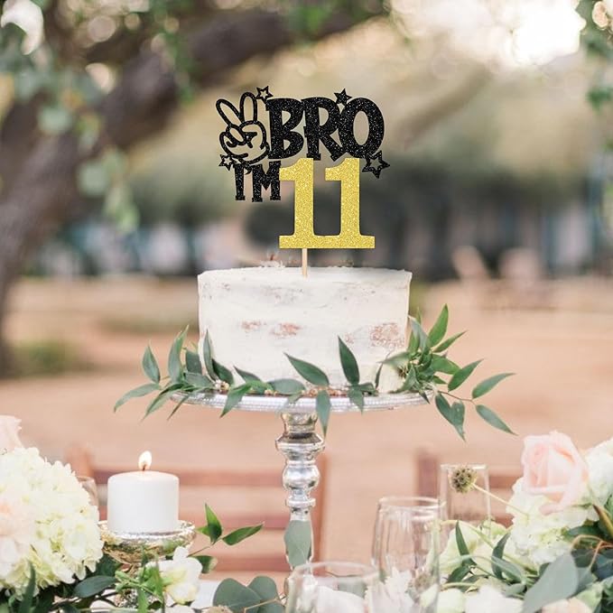 1 PCS Brother I'm 11 Cake Topper Glitter Star Happy 11th Birthday Cake Pick Bro I'm 11 Cake Decoration It's My 11th Birthday Decorations for Boys Cheers to 11 Years Old Birthday Party Supplies Gold