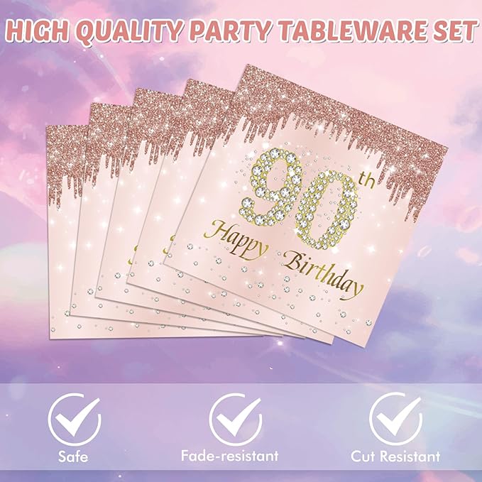 40PCS 90th Birthday Decorations for Women Rose Gold 1936 90 Year Old Theme Birthday Party Tableware Kit 90th Birthday Plates and Napkins Set for Women,Disposable 7'' Paper Plates, Napkins