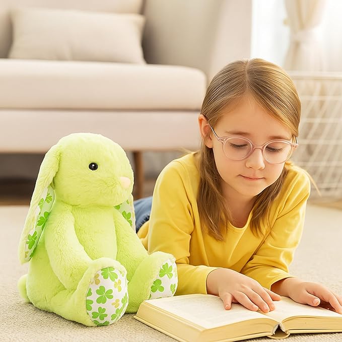 Green Rabbit Bunny Stuffed Animal Plush Toy with Floppy Ears & Shamrock Print for Kids, Boys, Girls, Babies - Perfect, St. Patrick's Day, Birthday, Easter, Christmas, Bedtime Gift
