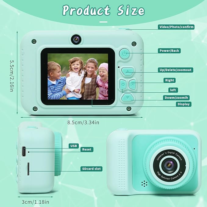 Kids Camera Toys, for Boys and Girls,JUVNAWEZ Digital Camera for Kids, Toddler Camera Christmas Birthday Toy Gifts for Kids Age 3 4 5 6 7 8 9 10 with 32GB SD Card, Video Recorder 1080P HD (Green)