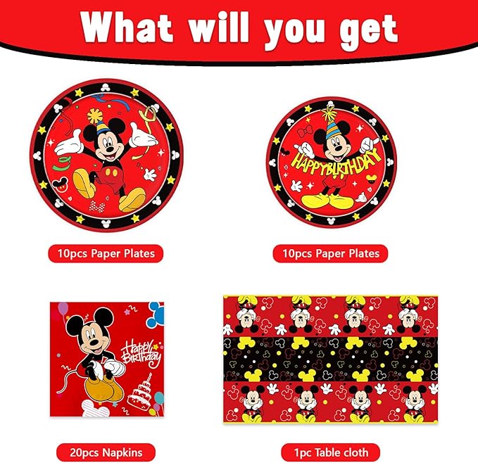Mickey Party Supplies 41Pack include 20 plates, 20 napkins 1 tablecloth for birthday party Decoration (red2)
