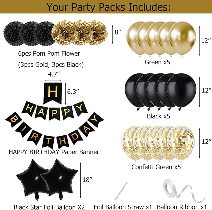 Birthday Decorations for Men Gold and Black Party Decor Supplies Boy Including Happy Birthday Banner Confetti Latex Balloon Foil Balloon and Ribbon