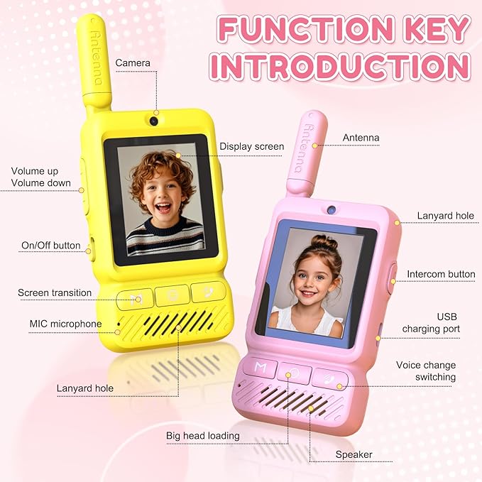 Kids Video Walkie Talkies 2 Pack, Rechargeable Long Range Two-Way Radios with Camera for Boys & Girls Age 3-12 (Yellow/Pink)