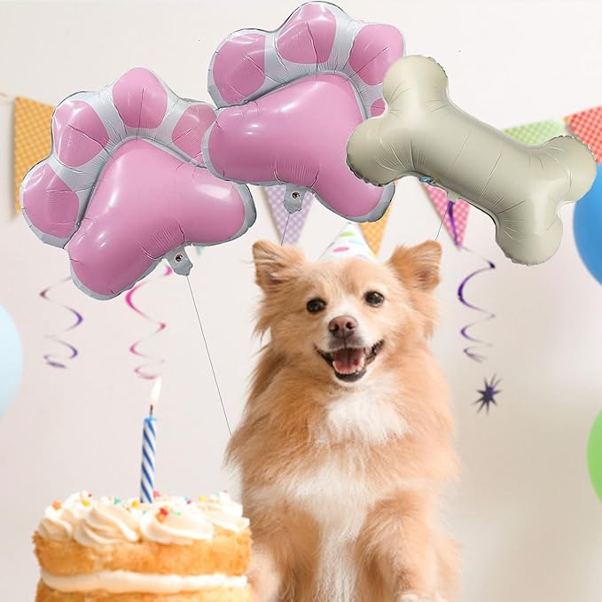 3 Pcs Dog Party Balloons with 2Pcs Pink Paw Shaped Mylar and 1Pcs Bone Shaped for Baby Shower Kids Birthday Pets Decoration