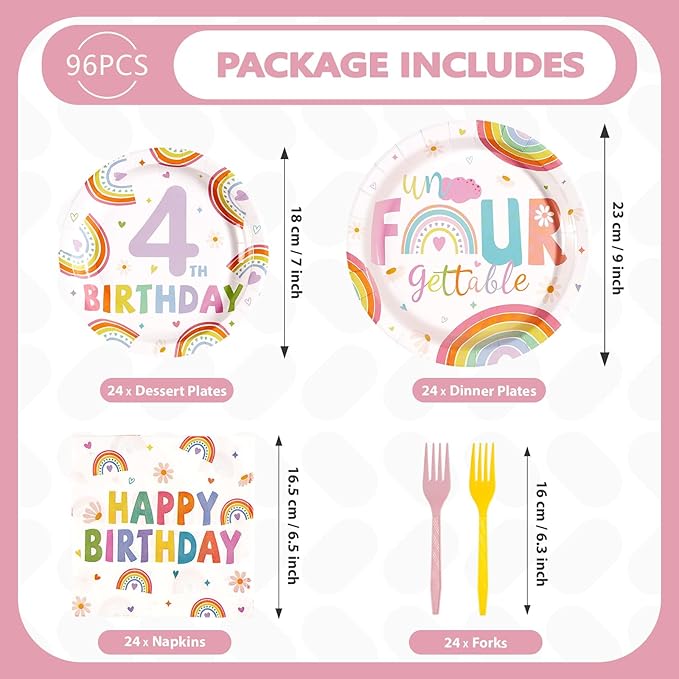96Pcs Boho Rainbow 4th Birthday Decorations Pastel Rainbow Birthday Plates and Napkins Colorful Un Four Gettable Decoration Favors for Kids Girls 4 Years Old Bday Princess Party Supplies Serves 24
