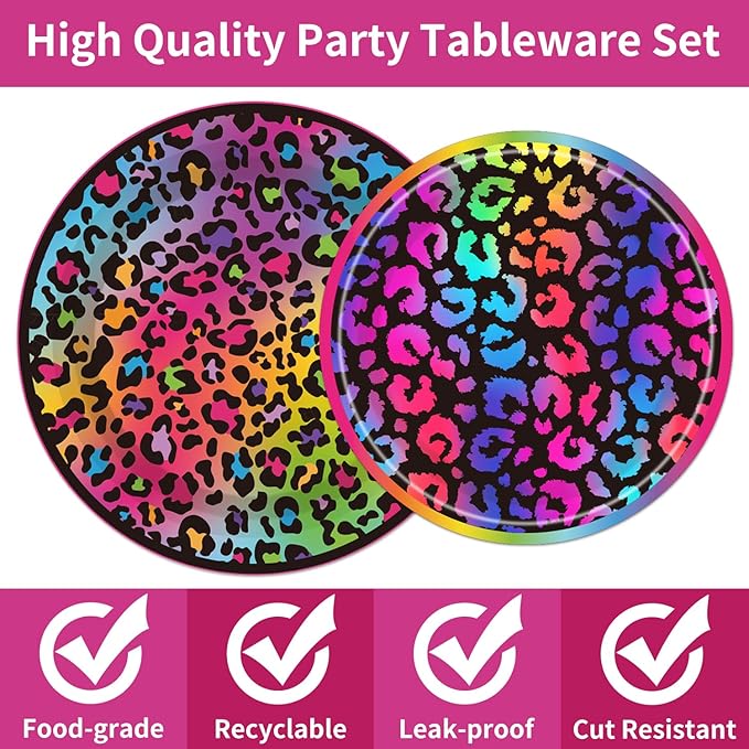 96Pcs Cheetah Print Birthday Party Decorations, Neon Rainbow Leopard Themed Party Supplies Tableware Set Include Paper Plates, Napkins, Forks, Serves 24 Guests