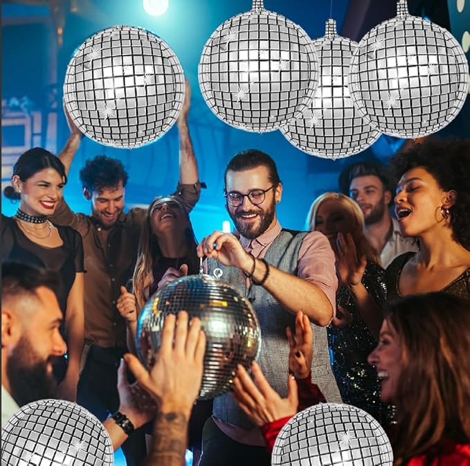 FBQ 22 inch Disco Ball Balloons 6 Pcs Silver Large Disco 4D Round Balloon 70s 80s 90s Theme Dance Party Bachelorette Party Birthday Party Graduation Decorations Supplies
