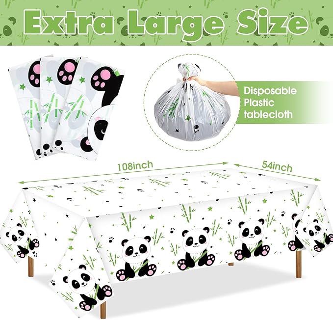 Coume 3 Pack Panda Birthday Party Decorations Panda Theme Tablecloth Favors Large Plastic Cute Table Cover for Kids Birthday Party Valentines Day Baby Shower Supplies, 54 x 108 Inches(Classic Style)