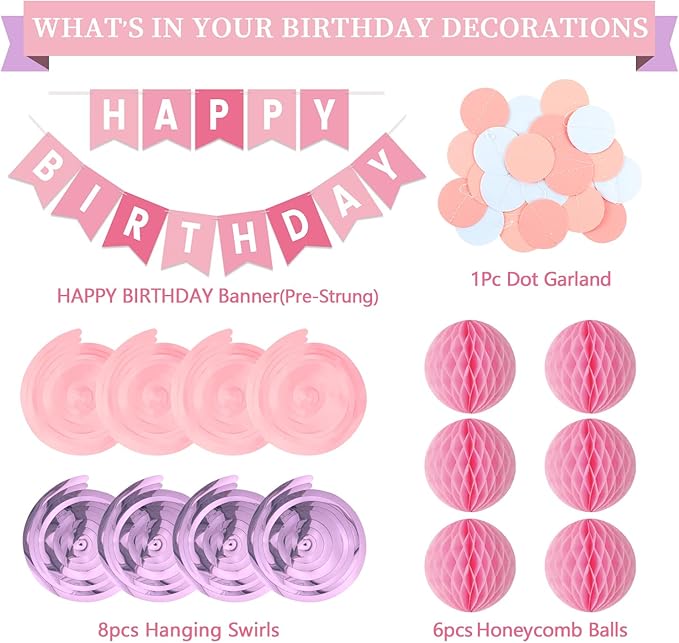 Pink Birthday Decorations Kit - 16-Piece Set with Pre-Strung Happy Birthday Banner, Honeycomb Balls, Garland & Swirls | Pink Theme Party Supplies for Women Girls Kids, Teens Adults