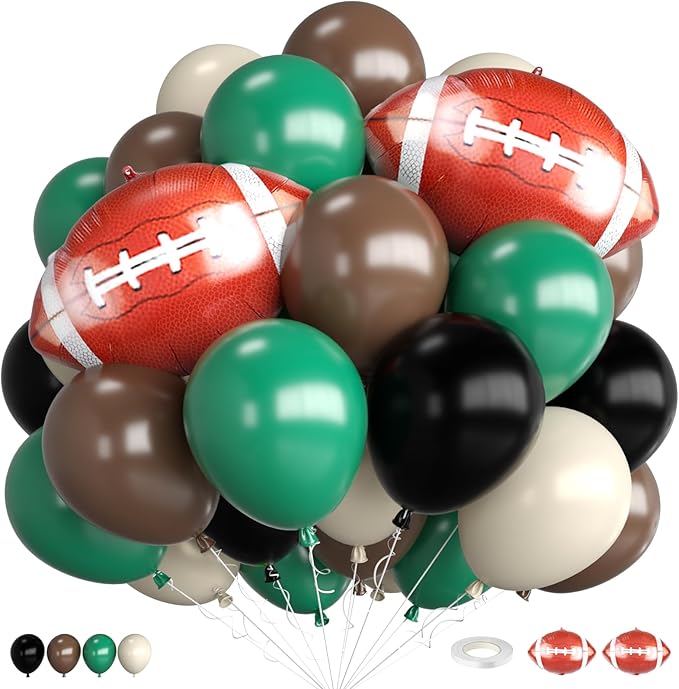 Football Balloons, 12 Inch Retro Dark Green and Brown Ivory White Balloons with Football Foil Balloon, for Sports Football Party Baby Shower Birthday Decorations