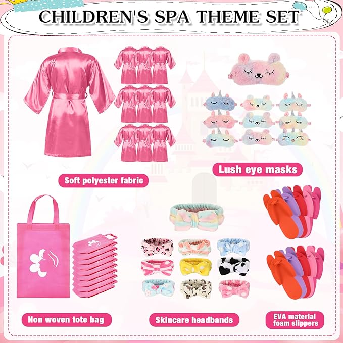Bonuci 50 Pcs Spa Party Supplies for Girls, 10 Satin Robe 10 Kids Slippers Sleepover Birthday Spa Party Favors