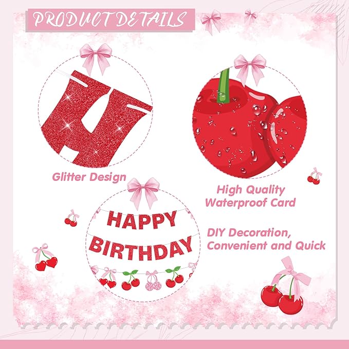 3 Pcs Cherry Birthday Party Decorations Red Glitter Happy Birthday Banner Colorful Hanging Decor Funny Banner Cutout Garland for Themed Decorations Bridal Shower Party Supplies