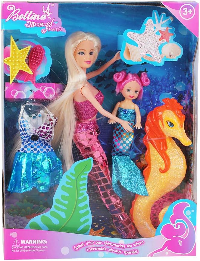 MIOKIDZFUN Princess Mermaid Dolls Playset, 12" Fashion Dress Doll with 4" Little Mermaid Seahorse Figurine and Accessories,Mermaid Toys Gifts for Girls Aged 3 4 5 6 7 8