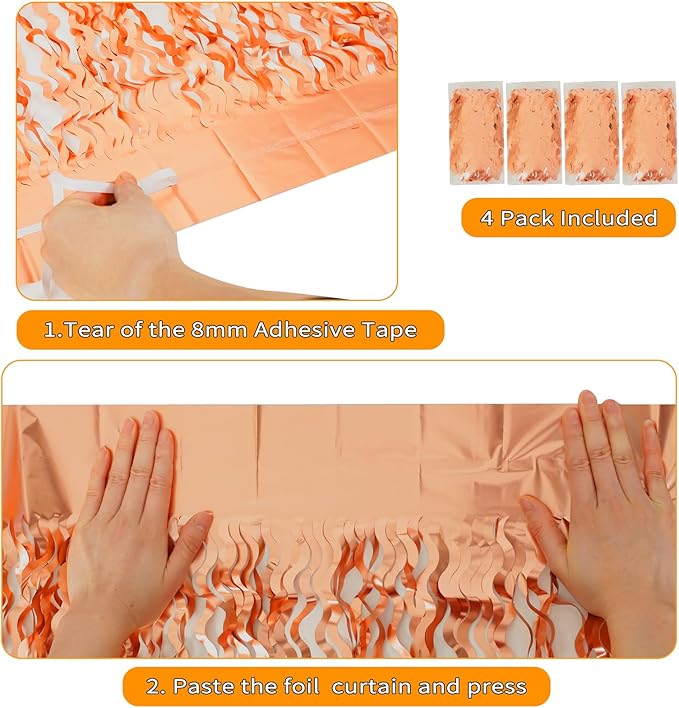 4 Pack Rose Gold Foil Curtain Birthday Decorations - 3.3x6.6ft Wavy Tinsel Foil Backdrop Party Streamer Party Supplies Background | Tinsel Curtain Backdrop for Parties