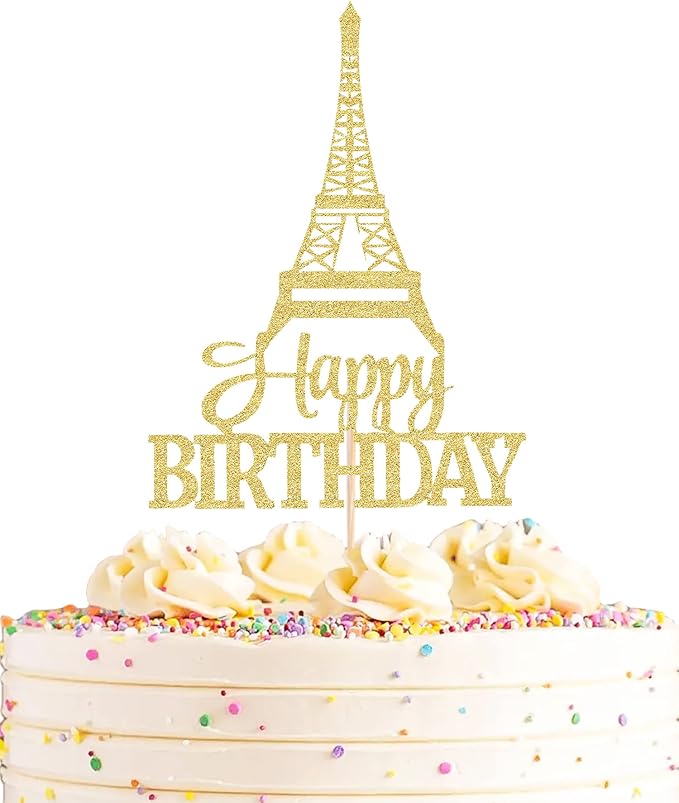 Eiffel Rower Birthday Cake Topper - Gold Glitter Eiffel Rower Theme Birthday Party Cake Decoration Supply - Boy or Girl Architecture Theme Party Cake Decor Photo Prop