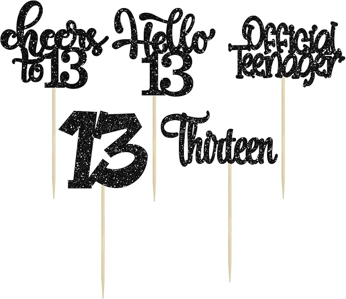 30Pcs 13th Birthday Cupcake Toppers Hello 13 Cupcake Picks Official Teenager Cheers to 13 Years Old Cake Decorations for 13th Birthday Anniversary Party Supplies Black Glitter