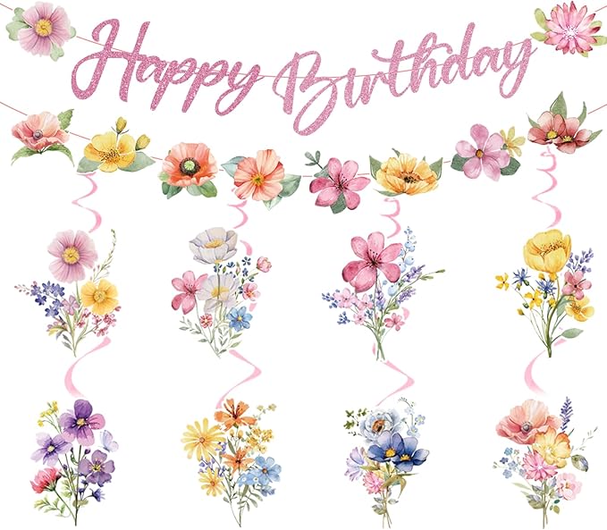Wildflower Happy Birthday Decorations - 10 Pcs Birthday Party Decorations for Girls Glitter Banner Garland Floral Hanging Swirls Decor Flower Decoration for Women Party Supplies