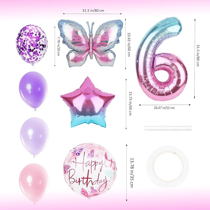 Butterfly Balloons 6th Birthday Decorations Gradient Pink Purple Colorful Butterfly Foil Mylar Balloons Large Big Number 6 Balloons for Girls 6 Years Old Birthday Party Supplies Decor