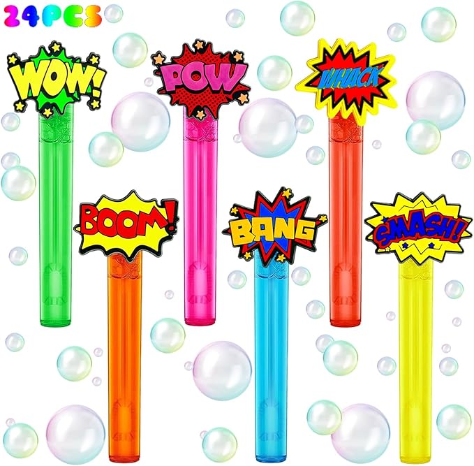 Superhero Party Favors,24Pcs Hero Word Bubble Wands for Kids,Cool Bubble Wand for Superhero Party Supplies,Classroom Prizes Pinata Goodie Bag Stuffers Gift