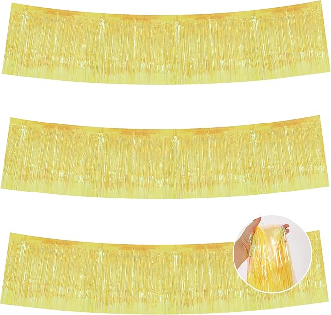BEISHIDA 3 Packs Metallic Foil Fringe Garland Shining Yellow Wall Hanging Tinsel Fringe Banners for Car Floats Bridal Shower Wedding Birthday Easter Graduation Holiday Party Decoration(30 Feet)