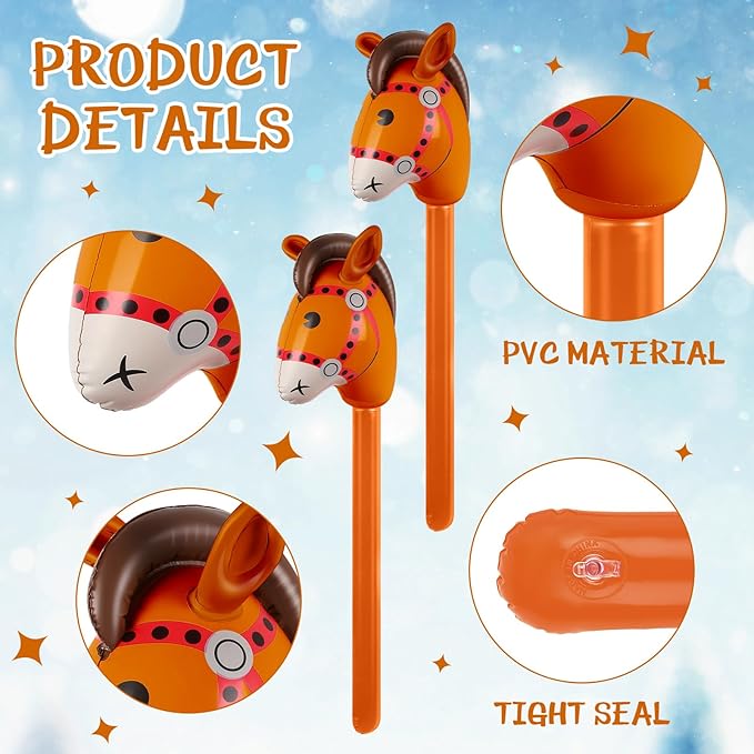 Chivao 12 Pieces Inflatable Stick Horse Cute Horse Head Stick Blow up Balloon Colorful Cowboy Cowgirl Party Decorations for Themed Birthday Party(Coffee Color)