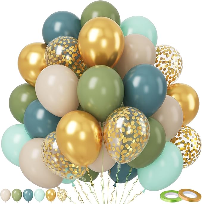 Paready Sage Green and Dusty Blue Balloon Set, 50Pcs 12 Inch Metallic Confetti Gold Apricot Balloons for Safari Birthday Party Bridal Shower Decorations