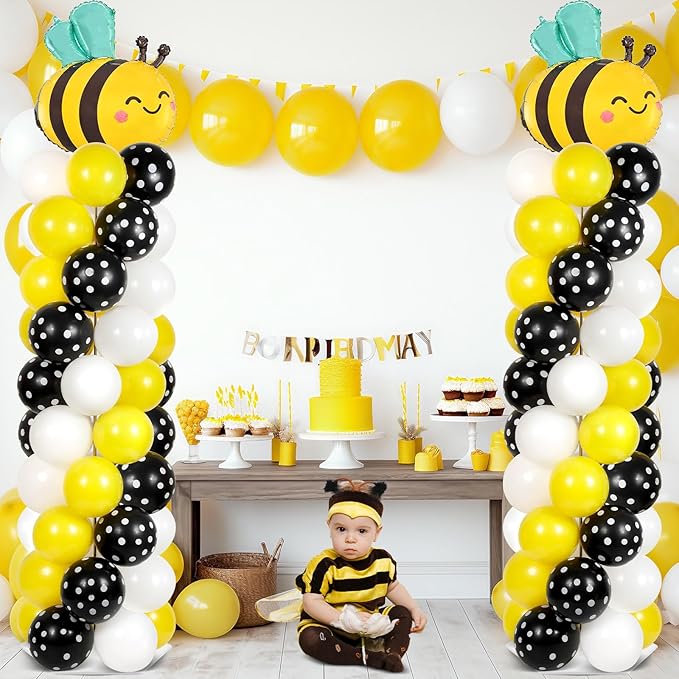 2 Sets Bee Birthday Party Balloon Column Stand Kit With 102 Bumble Bee Foil 5.57Ft Adjustable Balloon Tower Stand With Base Honey Bees Arch Column for Gender Reveal Birthday Baby Shower Party Supplies