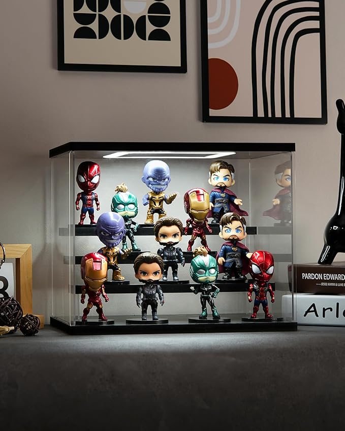Clear Acrylic Display Case with Light , 4 Tier Display Box Stand Assembly Dustproof Protection Showcase for Collectibles Action Figures (Black 12.6×12.2×11.8in; 32×31×30cm)