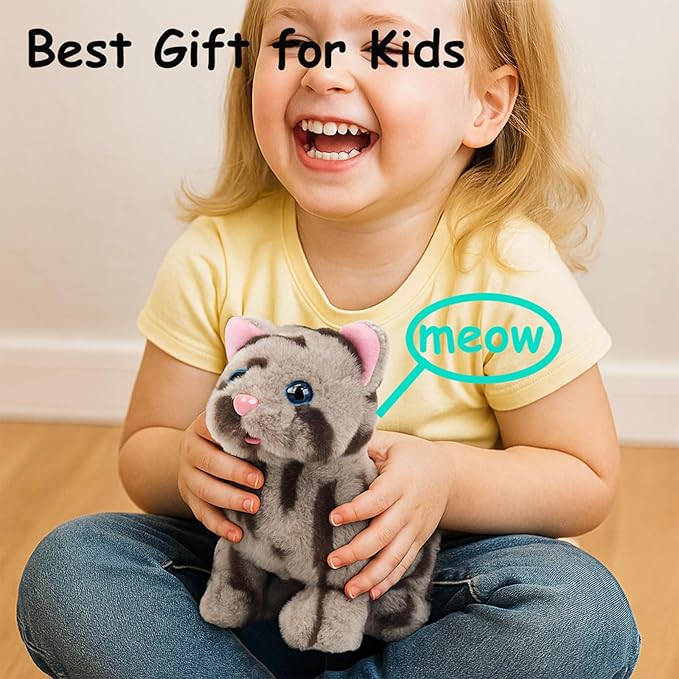 Easfan Walking Kitty Plush Toy Electric Interactive Cat Stuffed Animal Meowing Tail Wagging Head Nodding Cat Pet Toy Animated Kitten Birthday for Kids Toddlers,9"