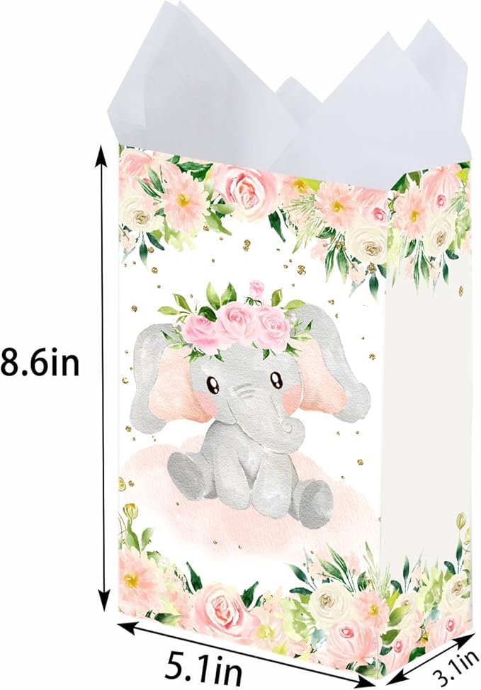 24 PCS Elephant Girl Party Favor Bags with Stickers - Elephant Girl Party Candy Bags – Pink Elephant Goodie Gift Treat Bags Pink Elephant Themed Birthday Party Supplies
