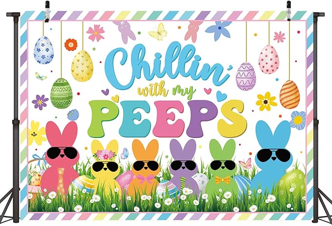 Chillin with My Peeps Banner Backdrop 8x6FT Bunny Happy Easter Peeps Background Spring Party Decorations Supplies Photo Props