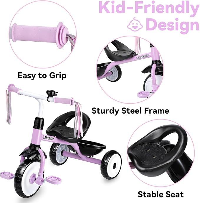 Liberry Toddler Tricycle Age 2 3 4 Years Old, Kids Trike with Bell, Back Basket and Removable Pedal, 3 Wheel Bike Riding Toy Gift for Girls, Purple