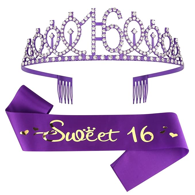 16th Birthday Party Essentials for Girls - Purple Decorations, Crown and Sash, Cake Topper for a Delightful Celebration