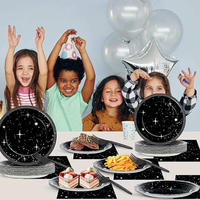 Qyeahkj 100Pcs Stars Birthday Party Decorations Galaxy Plates and Napkins Space Theme Paper Plate Supplies for Outer Spaces Disposable Tableware Set Baby Shower Night Sky Decor for 25 Guests