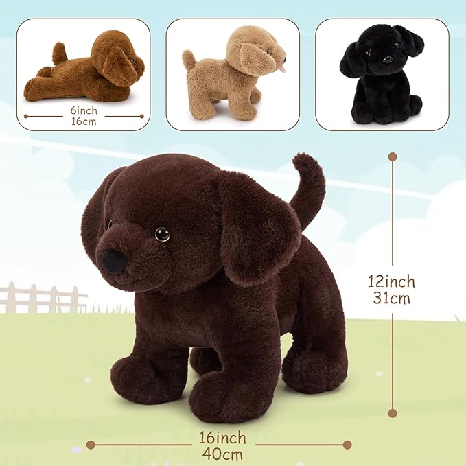 4Pcs Lab Stuffed Animals - 16" Huggable Chocolate Mama Labrador Dog with 3 Hidden Puppies (Black/Yellow/Dark Brown) - Plush Toys Gifts for Kids