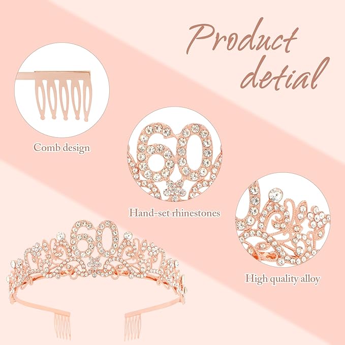 Semato 60th Birthday Decorations for Women- Birthday Crown and Sash Glitter Kit Gifts for Women Party Supplies and Favors (60th)