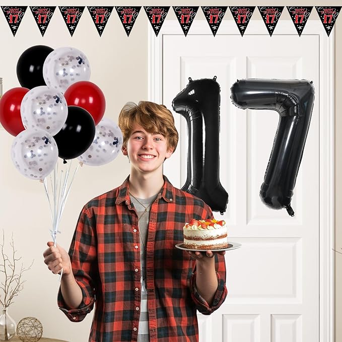 17th Birthday Decorations for Boys, Red Black Happy 17th Birthday Balloons Decorations for Girls, Boy 17 Year Old Door Banner, Triangle Flag, Large 17 Balloons Decor for 17 Bday Party Supplies