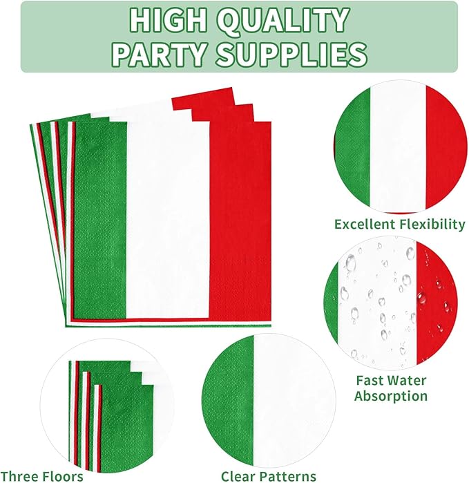 96Pcs Italian Flag Birthday Party Supplies Italy Flag Plates and Napkins Red White and Green Italian Tableware Sets for Pizza Baby Shower Picnic Holiday Family Reunion Party Decorations Serves 24