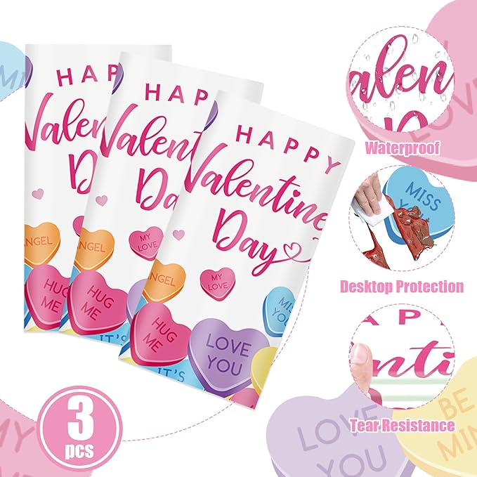 3Pcs Valentines Day Tablecloth, 54 x 108 Inch Conversation Hearts Plastic Table Cover, Colorful Love Heart Tablecloth for Wedding Anniversary, Valentines Day Decorations