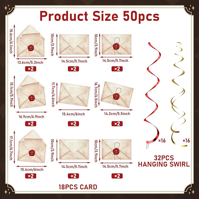 50 Pcs Magical Theme Party Hanging Swirls Acceptance Letter Hanging Streamers Vintage Envelopes Ceiling Swirls Decorations for Home Office Magical Theme Birthday Party Supplies