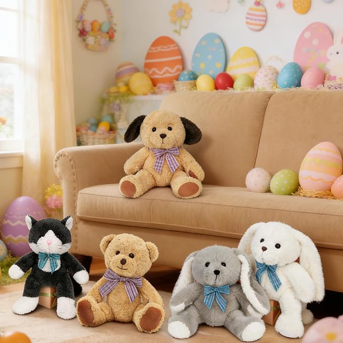 MaoGoLan 5 Pack Soft Stuffed Animals Bulk for Easter 13'' Cute Plush Toys Party Favors Bundle for Kids Teens Girls - Teddy Bear, Floppy Bunnies, Dog, Cat - Baby Shower Decor