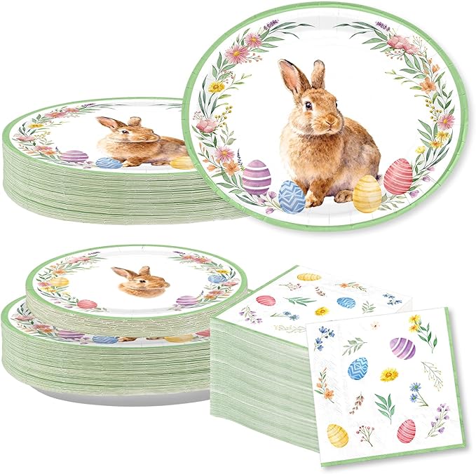 150Pcs Easter Bunny Party Decorations Easter Bunny Eggs Heavy Duty Large Oval Paper Plates and Napkins Spring Disposable Tableware Set for Rabbit Holiday Baby Shower Birthday Party Supplies Serves 50